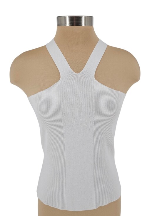 Cache Tops - Cache Halter Tank Top White Sleeveless Sexy Stretch Rib Knit V Neck Shirt Small